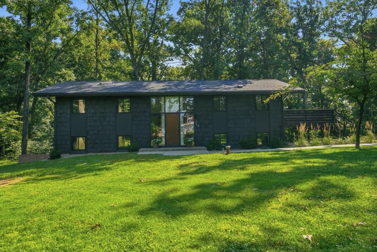 Front elevation showing the home's long horizontal roofline